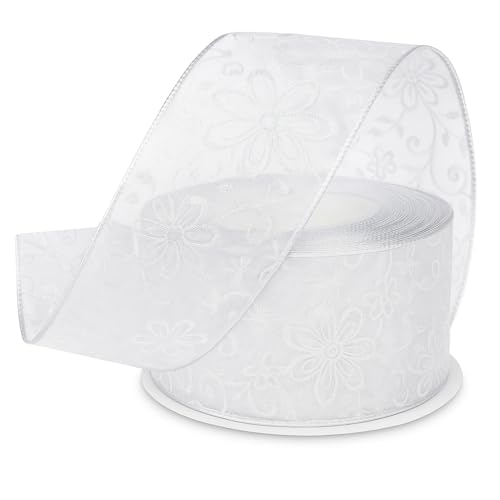 Elegantes, weißes, glitzerndes Blumenband, 6,3 cm breit, durchscheinend, bestickt, für Geschenkverpackungen, Basteln, Haarschleifen, Hochzeiten und Dekor, erhältlich in den Längen 2 m, 5 m und 10 m von My Ribbon Laces