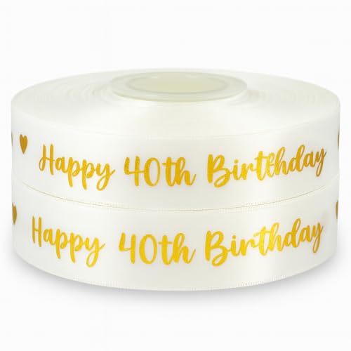 Goldfarbenes Schleifenband "Happy Birthday", Satin, 2 m x 25 mm, für Kuchen, Geburtstagskuchen, Geschenkverpackung, Geschenkband, Karten, Geburtstagsdekorationen, Handwerk (Gold Swirly 40th Birthday) von My Ribbon Laces