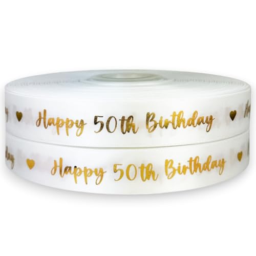 Goldfarbenes Schleifenband "Happy Birthday", Satin, 2 m x 25 mm, für Kuchen, Geburtstagskuchen, Geschenkverpackung, Geschenkband, Karten, Geburtstagsdekorationen, Handwerk (Gold Swirly 50th Birthday) von My Ribbon Laces