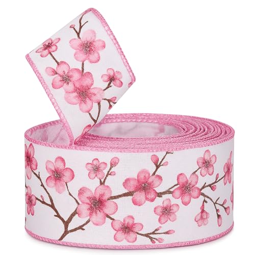 Kirschblütenband mit Drahtrand, 3,8 cm breit, dekoratives rosa Blumenband für Geschenkverpackungen, Handwerk, Dekoration und Frühlingsbasteln – erhältlich in 2 m, 5 m, 10 m Länge (rosa Blumen, 2 m) von My Ribbon Laces