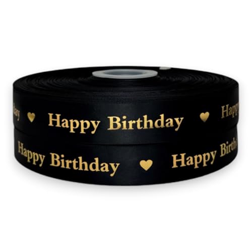 Luxuriöses Satinband "Happy Birthday", 2 m x 25 mm, für Kuchen, Geburtstagskuchen, Geschenkverpackung, Karten, Geburtstagsdekorationen, Handwerk (schwarz und goldfarben) von My Ribbon Laces