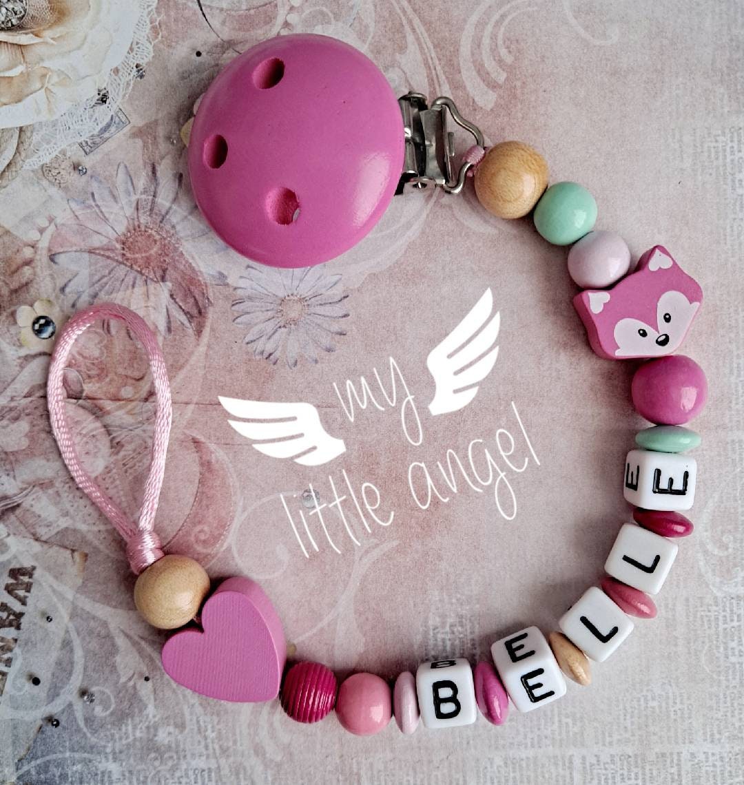 Schöne Personalisierte Holz Schnullerkette | Fuchs Baby Junge Mädchen Unisex Baby-Dusche-Geschenk Mam von MyLittleAngelGB