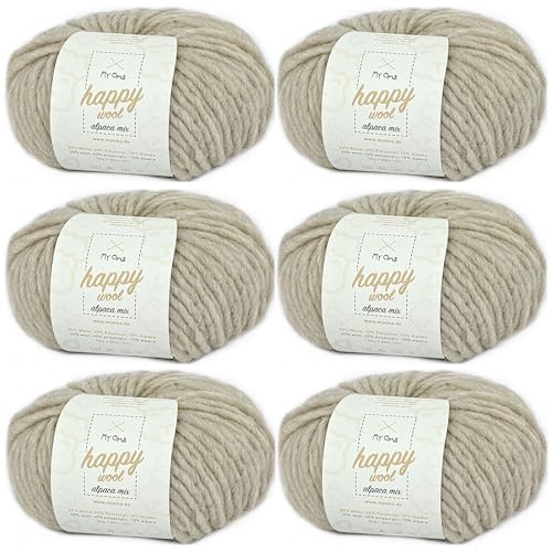 Alpaka Garn -6x Happy Wool alpaca mix sand (Fb 28)- 6 Knäuel Wolle beige + GRATIS Label; Wolle mit Alpaka; 50g/80m; Nadelstärke 7-8mm; Mischwolle zum Stricken; weiße Wolle zum Stricken von MyOma