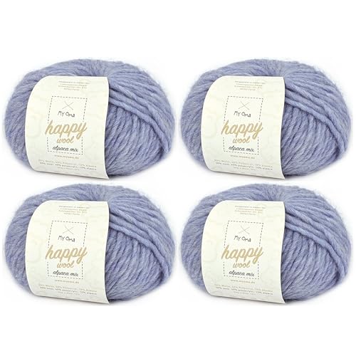 Alpaka Wolle -4x Happy Wool alpaca mix alpinblau (Fb 42)- 4 Knäuel Wolle blau + GRATIS Label; Wolle mit Alpaka; 50g/80m; Nadelstärke 7-8mm; Mischwolle zum Stricken; blaue Wolle von MyOma
