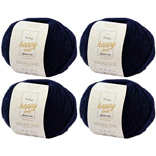 Alpaka Wolle -4x Happy Wool alpaca mix nachtblau (Fb 61)- 4 Knäuel Wolle blau + GRATIS Label - Wolle mit Alpaka - 50g/80m - Nadelstärke 7-8mm -Mischwolle zum Stricken - blaue Wolle von MyOma