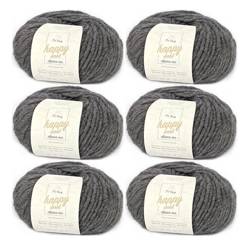 Alpaka Wolle stricken -6x Happy Wool alpaca mix schiefergrau (Fb 56)- 6 Knäuel Wolle grau + GRATIS Label; Wolle mit Alpaka; 50g/80m; Nadelstärke 7-8mm; Mischwolle zum Stricken und Häkeln von My Oma