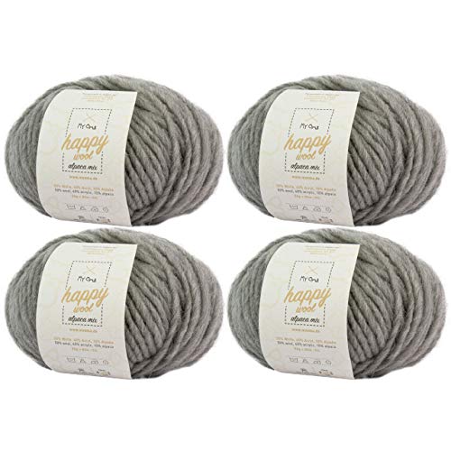 Alpaka Wolle zum Stricken -4x Happy Wool alpaca mix hellgrau (Fb 31)- 4 Knäuel Wolle grau + GRATIS Label - Wolle mit Alpaka - 50g/80m - Nadelstärke 7-8mm -Mischwolle zum Stricken - graue Wolle von MyOma