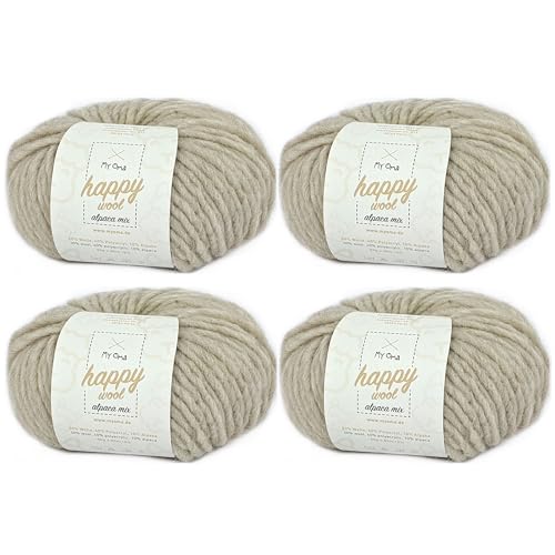 Alpakawolle stricken -4x Happy Wool alpaca mix sand (Fb 28)- 4 Knäuel Wolle beige + GRATIS Label; Wolle mit Alpaka; 50g/80m; Nadelstärke 7-8mm; Mischwolle zum Stricken; beige Wolle von MyOma