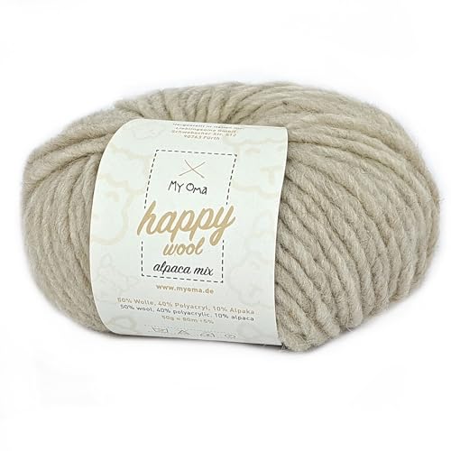 Alpakawolle zum Stricken -1x Happy Wool alpaca mix sand (Fb 28)- 1 Knäuel Wolle beige + GRATIS Label; Wolle mit Alpaka; 50g/80m; Nadelstärke 7-8mm; beige Wolle zum Stricken von MyOma