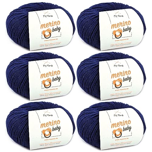 Babywolle zum Stricken weich - Merino Baby marine (Fb 6055) - 6 Knäuel Babywolle blau + GRATIS Label - Baby Wolle stricken - 25g/140m - Nadelstärke 2,5-3mm - 100% Merinowolle Baby - Babywolle blau von MyOma