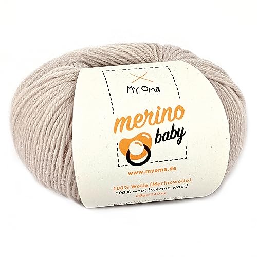 Babywolle zum Stricken weich - Merino Baby leinen (Fb 6060) - 1 Knäuel Babywolle beige + GRATIS Label; Baby Wolle stricken - 25g/140m; Nadelstärke 2,5-3mm; 100% Merinowolle Baby; Babywolle grün von MyOma