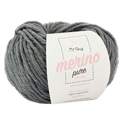 Merino Wolle -1x Merino pure steingrau (Fb 4303)- 1 Knäuel Merinowolle grau + GRATIS Label; Merinowolle zum Häkeln; 50g/65m; Nadelstärke 6-7mm; Merino Wolle fein; Merino Wolle fine; weiche Wolle von MyOma