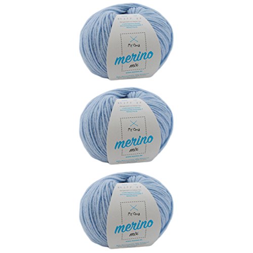 Merino Wolle - 3 Knäuel Merinowolle eisblau (Fb 82677) - hell blaue Wolle zum Stricken - Merino Mix Wolle + GRATIS MyOma Label - 50g/120m - MyOma Wolle - weiche Wolle - Merino Garn von MyOma