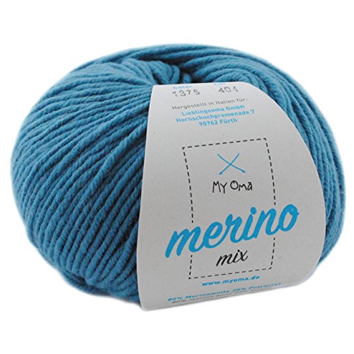 Merino Wolle häkeln - 1 Knäuel Merinowolle rauchblau (Fb 1375) - blaue Merino Wolle stricken - Garn Merino + GRATIS MyOma Label - 50g/120m - MyOma Wolle - weiche Wolle - Merinogarn (79€/kg) von MyOma