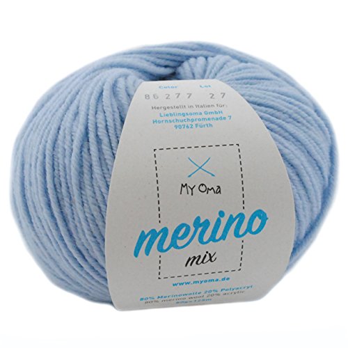 Merino Wolle stricken - 1 Knäuel Merino Wolle eisblau (Fb 82677) - hell blaue Wolle Merino - Wolle Mix + GRATIS MyOma Label - 50g/120m - MyOma Wolle - weiche Wolle - Merino Garn (79€/kg) von MyOma