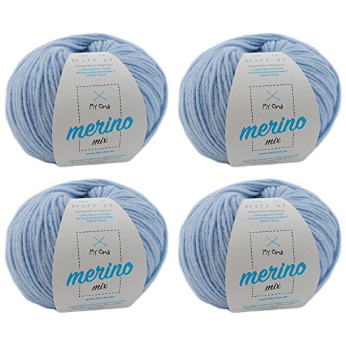 Merino Wolle stricken - 4 Knäuel Merino Wolle eisblau (Fb 82677) - hell blaue Merino Wolle häkeln – Merinogarn + GRATIS MyOma Label - 50g/120m - MyOma Wolle - weiche Wolle - Merinowolle von MyOma