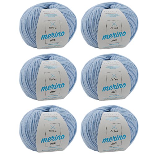 Merino Wolle stricken - Merino Wolle eisblau (Fb 82677) - 6 Knäuel hell blaue Wolle Merino - Wolle Mix + GRATIS MyOma Label - 50g/120m - MyOma Wolle - weiche Wolle - Merino Garn von My Oma