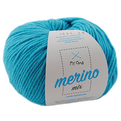 Merino Wolle zum Häkeln - 1 Knäuel Merinowolle gletscher (Fb 2002) - türkis blaue Wolle Merino Mix - Wolle Mix zum Häkeln + GRATIS MyOma Label - 50g/120m - MyOma weiche Wolle - Merinogarn von My Oma