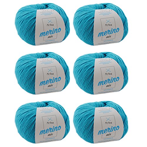 Merino Wolle zum Häkeln - Merinowolle gletscher (Fb 2002) - 6 Knäuel türkis blaue Wolle Merino Mix - Wolle Mix zum Häkeln + GRATIS MyOma Label - 50g/120m - MyOma Wolle - weiche Wolle - Merinogarn von My Oma