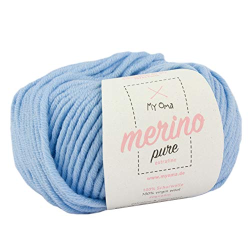 Merino Wolle zum Stricken -1x Merino pure arctic (Fb 46277)- 1 Knäuel Merinowolle blau + GRATIS Label - weiche Wolle - 50g/65m - Nadelstärke 6-7mm - Merinowolle Mütze - Strickwolle Merino von MyOma