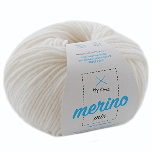 Merinowolle - 1 Knäuel Merino Wolle schneeweiß (Fb 100) - weiße Merinowolle zum Stricken -Strickgarn Merino + GRATIS MyOma Label - 50g/120m - MyOma Wolle - weiche Wolle - Merino Garn von MyOma