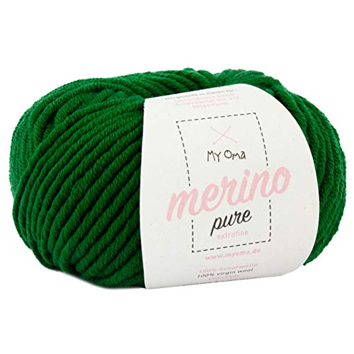 Merinowolle -1x Merino pure waldgrün (Fb 4737)- 1 Knäuel Merinowolle grün + GRATIS Label - weiche Wolle - 50g/65m - Nadelstärke 6-7mm - Merinowolle extrafine - 100% Merino - Merino Garn chunky von MyOma