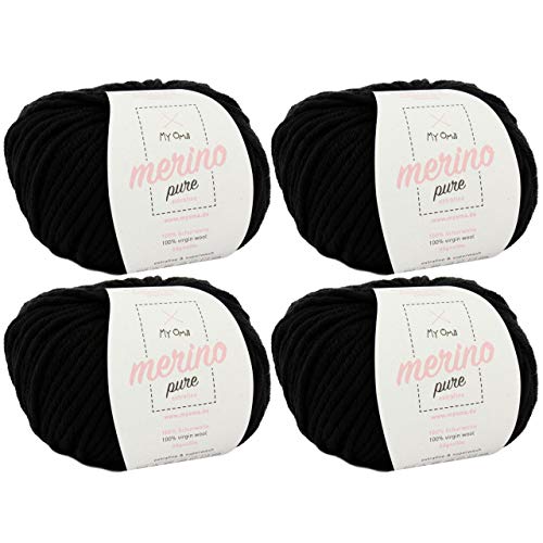 Merinowolle -4x Merino pure schwarz (Fb 4200)- 4 Knäuel Merino Wolle + GRATIS Label - weiche Wolle - 50g/65m - Nadelstärke 6-7mm - 100% Merino - Wolle zum Stricken - Wolle zum Häkeln MyOma von MyOma