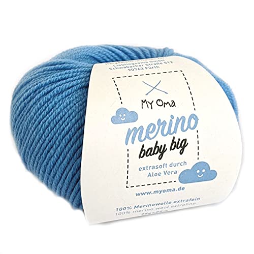 Merinowolle Baby - Merino Baby Big wolke (Fb 8020) - 1 Knäuel Babywolle blau + GRATIS Label - Baby Merino Wolle blau - weiche Baby Wolle - 100% Merino - 25g/85m - Nadelstärke 4mm - MyOma Babywolle von MyOma