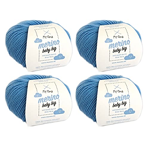 Merinowolle Baby - Merino Baby Big wolke (Fb 8020) - 4 Knäuel Babywolle blau + GRATIS Label - Baby Merino Wolle blau - weiche Baby Wolle - 100% Merino - 25g/85m - Nadelstärke 4mm - MyOma Babywolle von MyOma