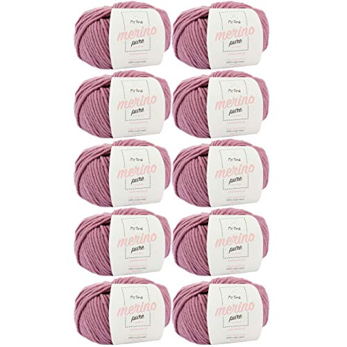 Merinowolle Extrafine -10x Merino Pure rosé (Fb 4708)- 10 Knäuel Merinowolle rosa + GRATIS Label - Merino Wolle zum Stricken - 50g/65m - Nadelstärke 6-7mm - 100% Merino - Wolle zum Stricken von MyOma