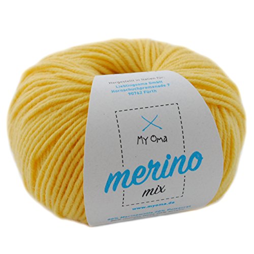 Merinowolle häkeln - 1 Knäuel Merino Wolle vanille (Fb 7762) - gelbe Wolle Merino - Wolle Mix zum Häkeln + GRATIS MyOma Label - 50g/120m - MyOma Wolle - weiche Wolle - Merino Garn von MyOma