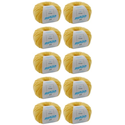 MyOma Merinowolle Häkeln - 10 Knäuel Vanille (Fb 7762) - Gelbe Wolle Mix zum Häkeln + GRATIS Label - 50g/120m - Weiche Merino Garn von My Oma