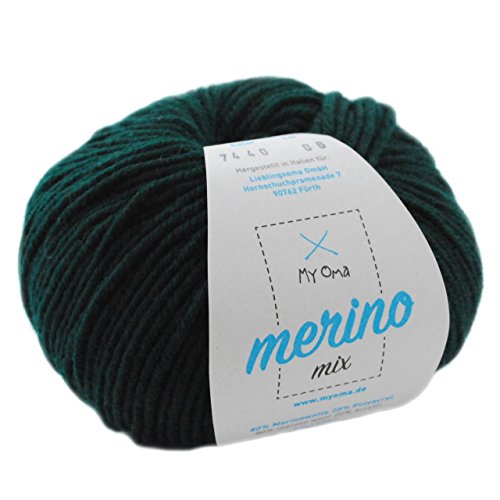 Merinowolle kaufen - 1 Knäuel Merino Wolle jägergrün (Fb 7440) - grüne Wolle zum Stricken - Strickgarn Merino + GRATIS MyOma Label - 50g/120m - MyOma Wolle - weiche Wolle - Mischgarn (79€/kg) von My Oma