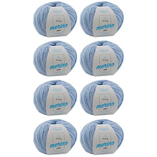 Merinowolle kaufen - 8 Knäuel Merino Wolle eisblau (Fb 82677) - hell blaue Wolle zum Stricken - Strickgarn Merino + GRATIS MyOma Label - 50g/120m - MyOma Wolle - weiche Wolle - Mischgarn von MyOma