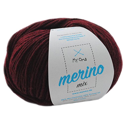 Merinowolle zum Häkeln - 1 Knäuel Merino Wolle bordeaux (Fb 4) - dunkelrote Wolle zum Stricken - Wolle Mix + GRATIS MyOma Label - 50g/120m - MyOma Wolle - weiche Wolle - Merinogarn von MyOma
