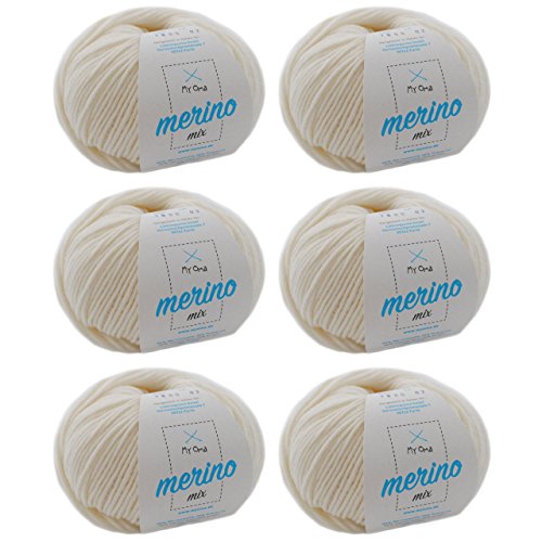 Merinowolle zum Stricken - Merinowolle naturweiß (Fb 7800) - 6 Knäuel natur weiße Merino Wolle - Strickgarn Merinowolle + GRATIS MyOma Label - 50g/120m - MyOma Wolle - weiche Wolle - Merinogarn von MyOma