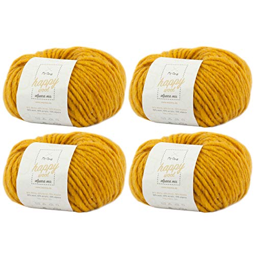 Alpaka Wolle zum Stricken -4x Happy Wool alpaca mix sonne (Fb 53)- 4 Knäuel Wolle gelb + GRATIS Label - Wolle mit Alpaka - 50g/80m - Nadelstärke 7-8mm -Mischwolle zum Stricken - gelbe Wolle von MyOma