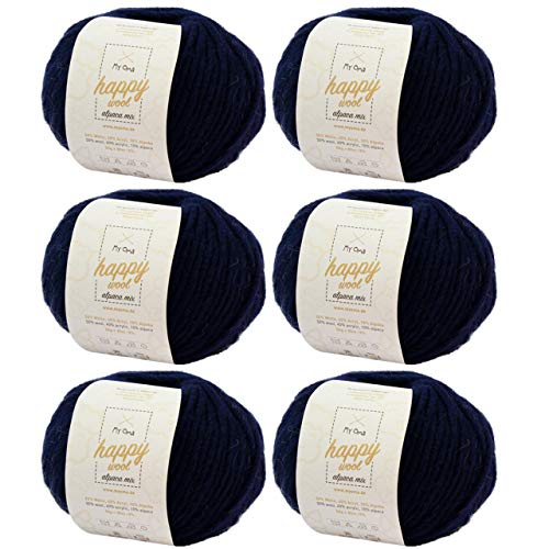 MyOma Alpaka Wolle zum Stricken -6X Happy Wool Alpaca Mix Nachtblau (Fb 61)- 6 Knäuel Wolle blau + GRATIS Label - Wolle mit Alpaka - 50g/80m - Nadelstärke 7-8mm - Wolle zum Stricken - Blaue Wolle von MyOma