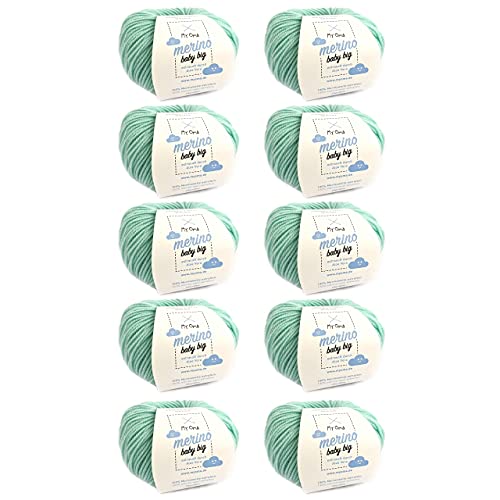 MyOma Babywolle Merino - Merino Baby Big Minze (8010) - 10 Knäuel Babywolle mintgrün + GRATIS Label - Merino Wolle Baby - 25g/85m; Nadelstärke 4mm - Grüne Baby Merino Wolle Babygarn zum Stricken von MyOma