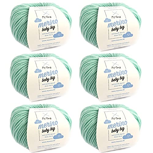 MyOma Babywolle Merino - Merino Baby Big Minze (Fb 8010) - 6 Knäuel Babywolle mintgrün + GRATIS Label - Merino Wolle Baby - 25g/85m - Nadelstärke 4mm - Grüne Baby Merino Wolle Babygarn zum Stricken von MyOma