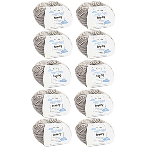 My Oma Babywolle Stricken - Merino Baby Big hellgrau (Fb 8005) - 10 Knäuel Babywolle grau + GRATIS Label - Wolle für Babys und Kleinkinder - 100% Merinowolle extrafein - 25g/85m - Nadelstärke 4mm von My Oma