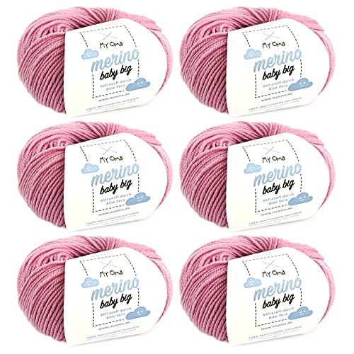 Babywolle zum Stricken weich - Merino Baby Big Pfingstrose (Fb 8015) - 6 Knäuel Babywolle rosa + GRATIS Label - Baby Wolle Stricken - 25g/85m - Nadelstärke 4mm - Merinowolle Baby Altrosa von Myoma von My Oma