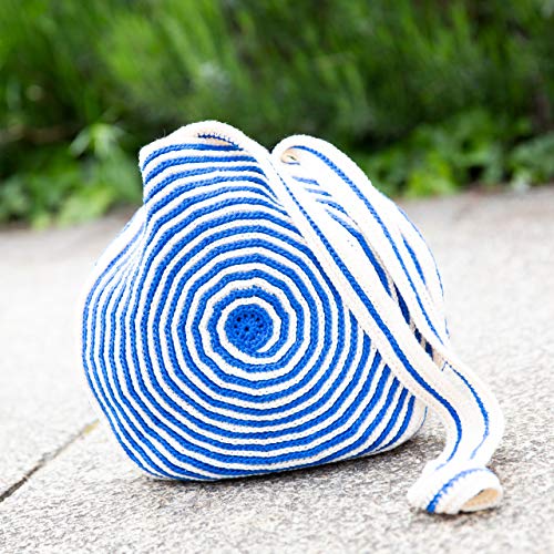 MyOma Häkelset Tasche -DIY Tasche rund zweifarbig gold/blau- Tasche häkeln – Tasche selberhäkeln Set - Häkel-Set – 100% Baumwolle – Häkelpaket mit 4 Knäuel Baumwollgarn + Häkelanleitung von MyOma