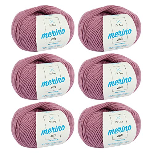 Merino Wolle - 6 Knäuel Merinowolle altrosa (Fb 9550) - rosa Merino Wolle zum Stricken - Merino Mix Wolle + GRATIS MyOma Label - 50g/120m - MyOma Wolle - weiche Wolle - Merino Garn von MyOma