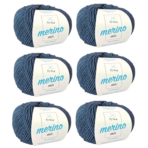 Merino Wolle häkeln - Merinowolle rauchblau (Fb 1375) - 6 Knäuel blaue Merino Wolle stricken - Garn Merino + GRATIS MyOma Label - 50g/120m - MyOma Wolle - weiche Wolle - Merinogarn von MyOma