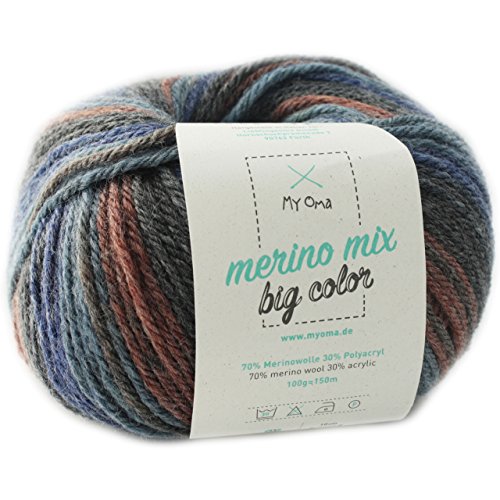 Merinowolle -1 Knäuel Merino Wolle balance (Fb 5008)- color Merinowolle zum Stricken + GRATIS MyOma Label - Strickgarn Merino - 100g/150m – Wolle zum Stricken - weiche Wolle - Merino Garn von MyOma