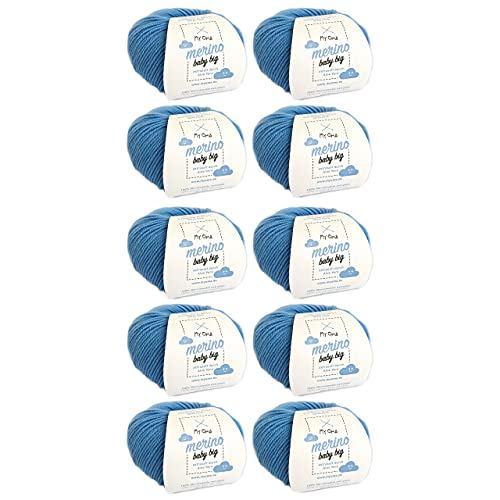 Myoma Merinowolle Baby Big Wolke (Fb 8020) - 10 Knäuel Babywolle Blau + GRATIS Label - Weiche Wolle - 100% Merino - 25g/85m - Nadelstärke 4mm von My Oma