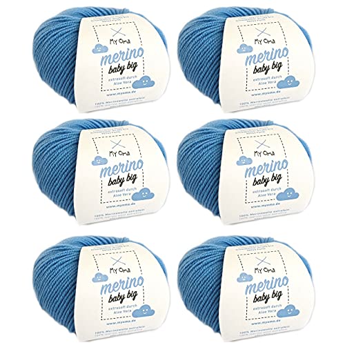 Myoma Merinowolle Baby Big Wolke (Fb 8020) - 6 Knäuel Babywolle Blau + GRATIS Label - Weiche Wolle - 100% Merino - 25g/85m - Nadelstärke 4mm von My Oma