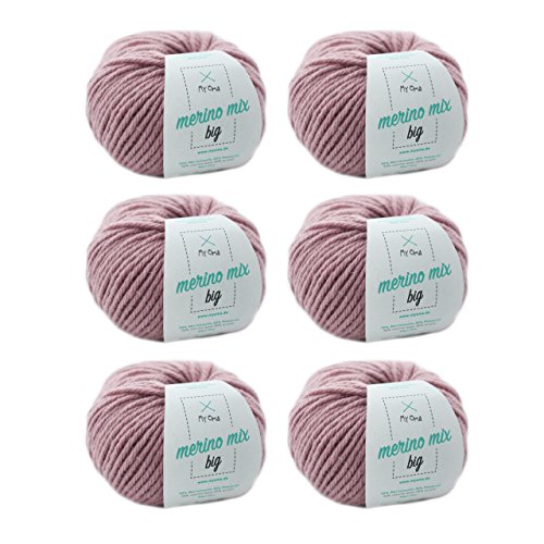 Wolle stricken - Merino Wolle puder (Fb 3731) - 6 Knäuel rosa Merinowolle zum Stricken - dicke Wolle + MyOma Label - 50g/75m - Nadelstärke 6-7mm - MyOma Wolle - weiche Wolle - Merino Garn von My Oma