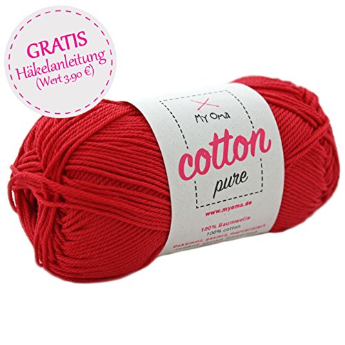 Rote Baumwolle stricken -MyOma Cotton pure rosenrot (Fb 0162)- Baumwollgarn zum Häkeln + GRATIS Anleitung – 1 Knäuel Baumwollgarn rot/dunkelrote Baumwolle - 50g/125m – Nadelstärke 2,5-3,5mm von MyOma